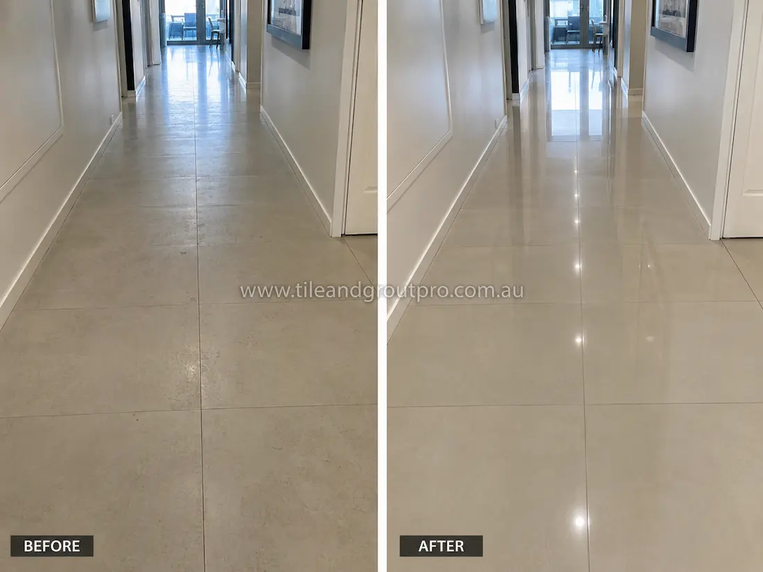 Before stone-polishing of beige porcelain hallway floor tiles with a dull finish, light wear patterns, and minimal reflection in a residential corridor.