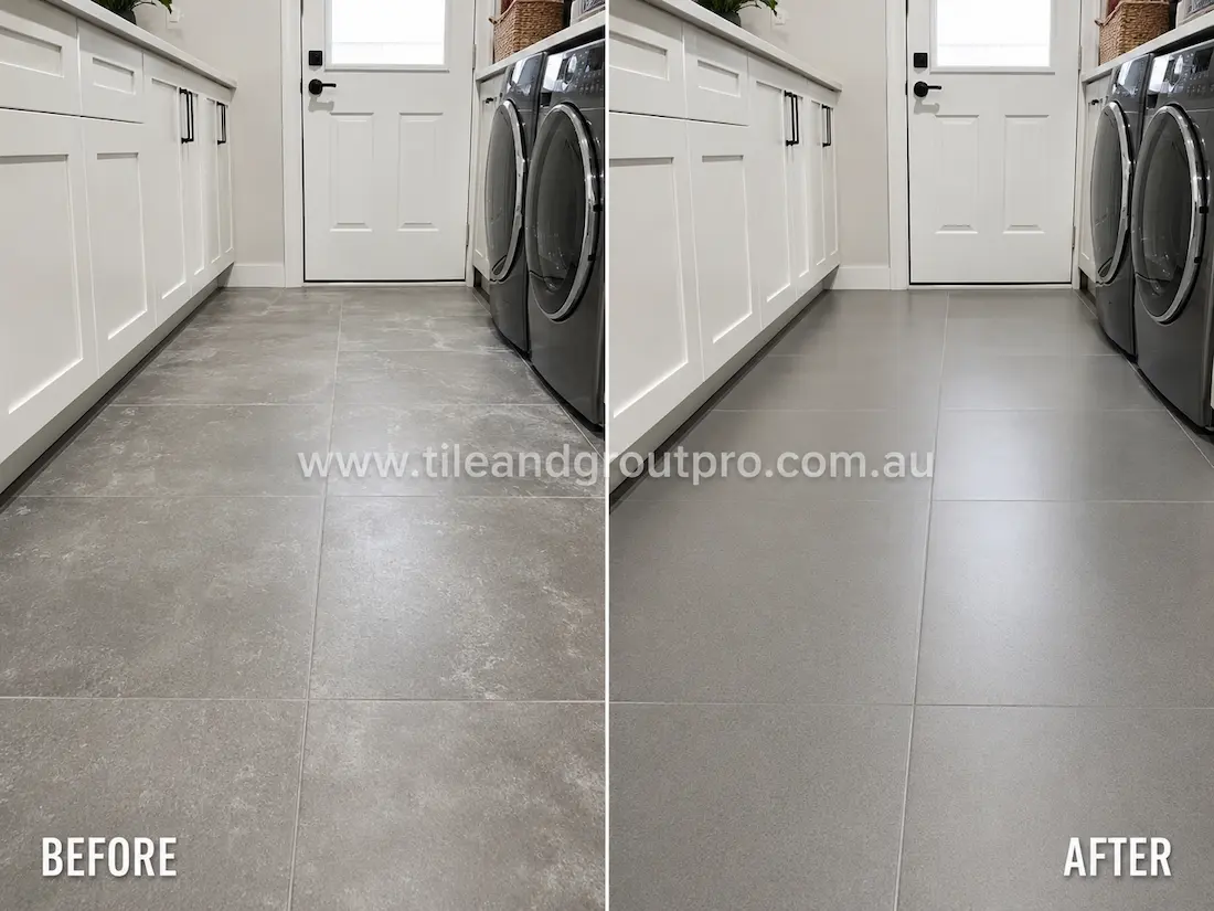Modern laundry room with grey porcelain floor tiles before sealer stripping, showing cloudy sealer residue, dull patches, and uneven finish around cabinetry and washing machines.