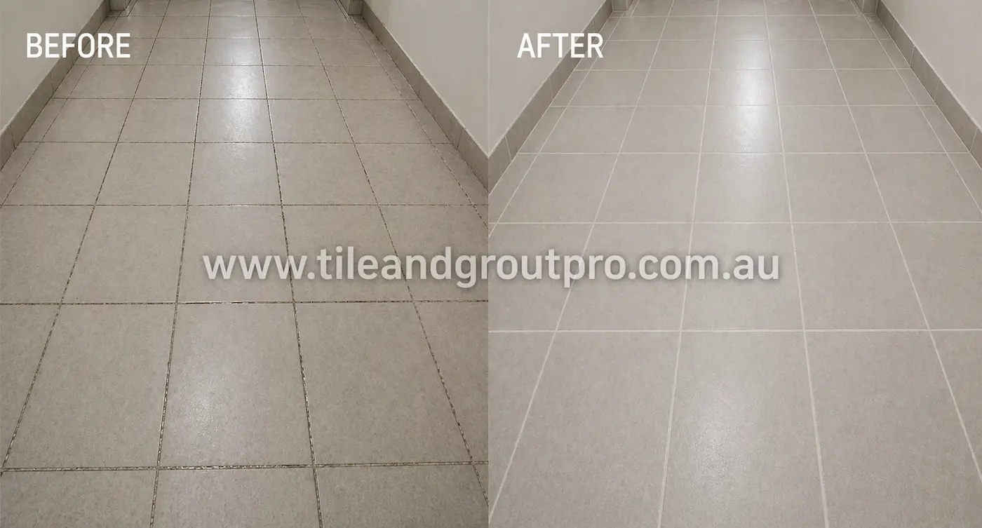 Hallway tiled floor before and after regrouting showing cleaner grout lines and a more consistent finish