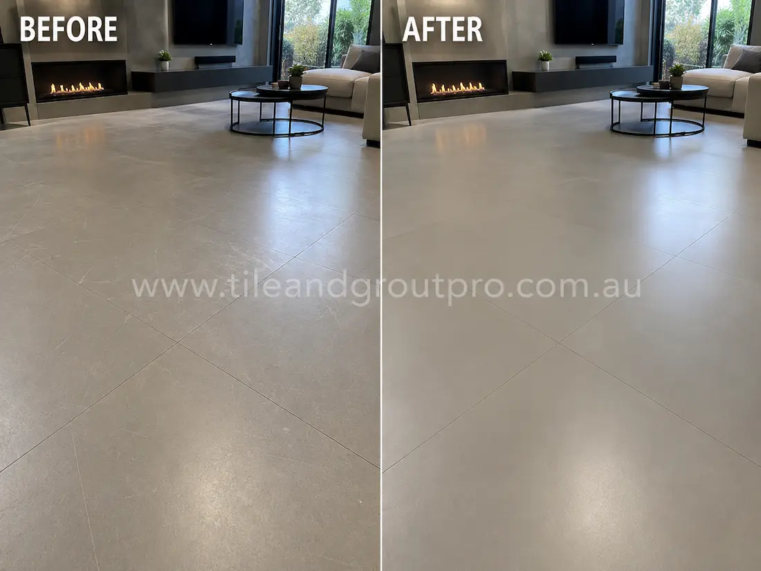 Modern living room with large-format porcelain floor tiles affected by fine scratches and dull surface marks before scratch removal and floor restoration.