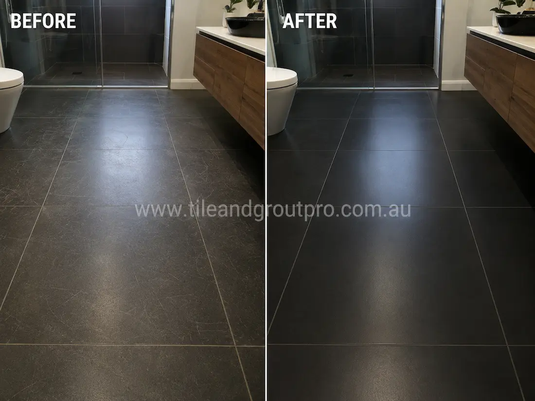 Modern bathroom with black porcelain floor tiles showing fine scratches, surface scuffs, and visible wear before professional scratch removal restoration.