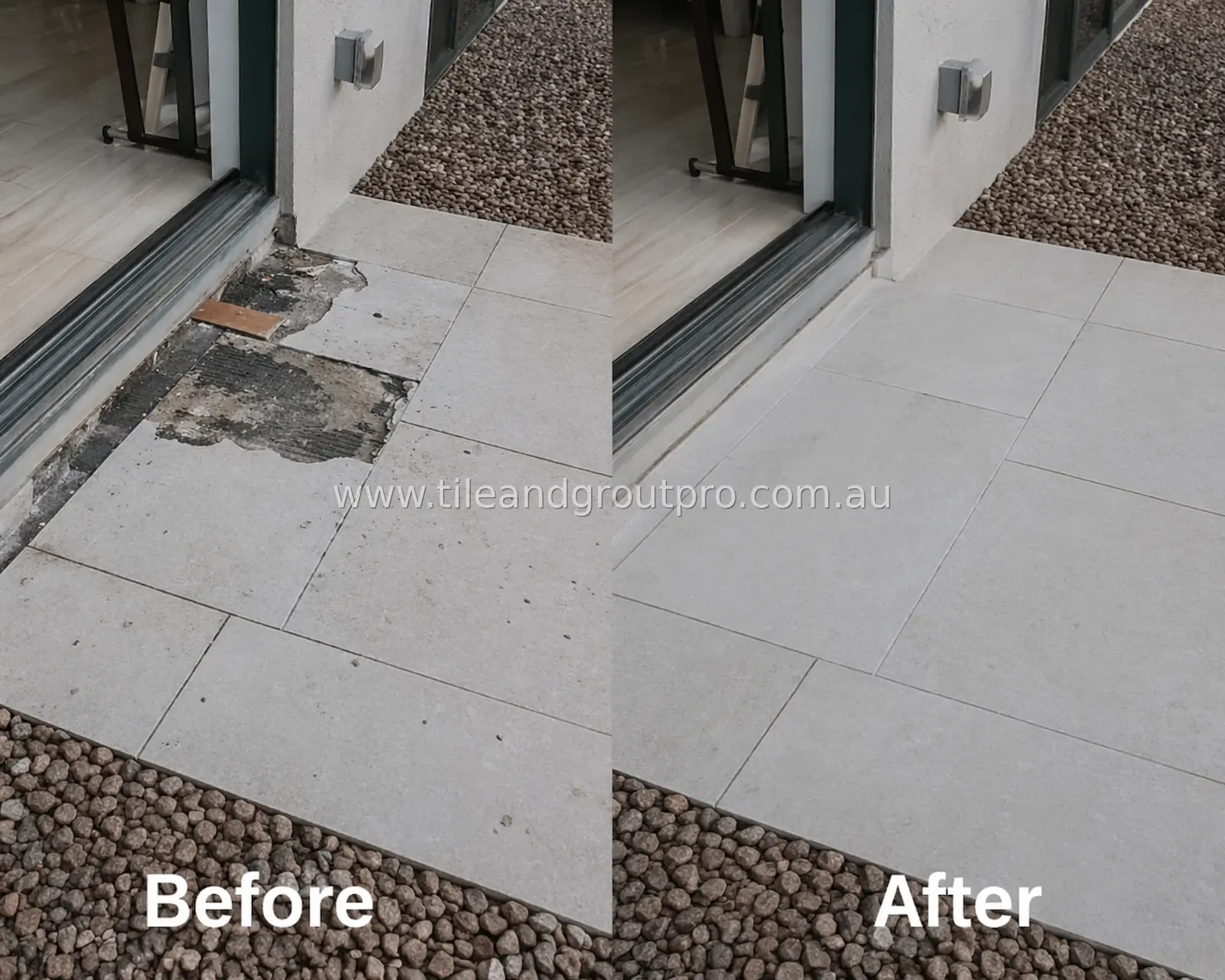 Outdoor patio tiles near doorway before and after repair showing damaged section replaced with new tiles