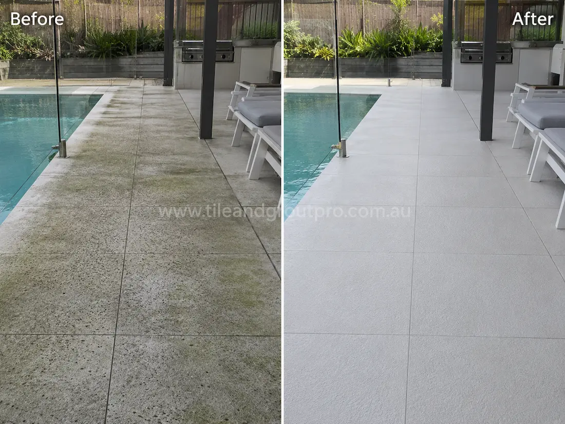 Before tile renewal, outdoor porcelain poolside pavers displayed algae growth, dirt buildup, weather staining, and darkened surface areas along the pool edge and entertaining zone.