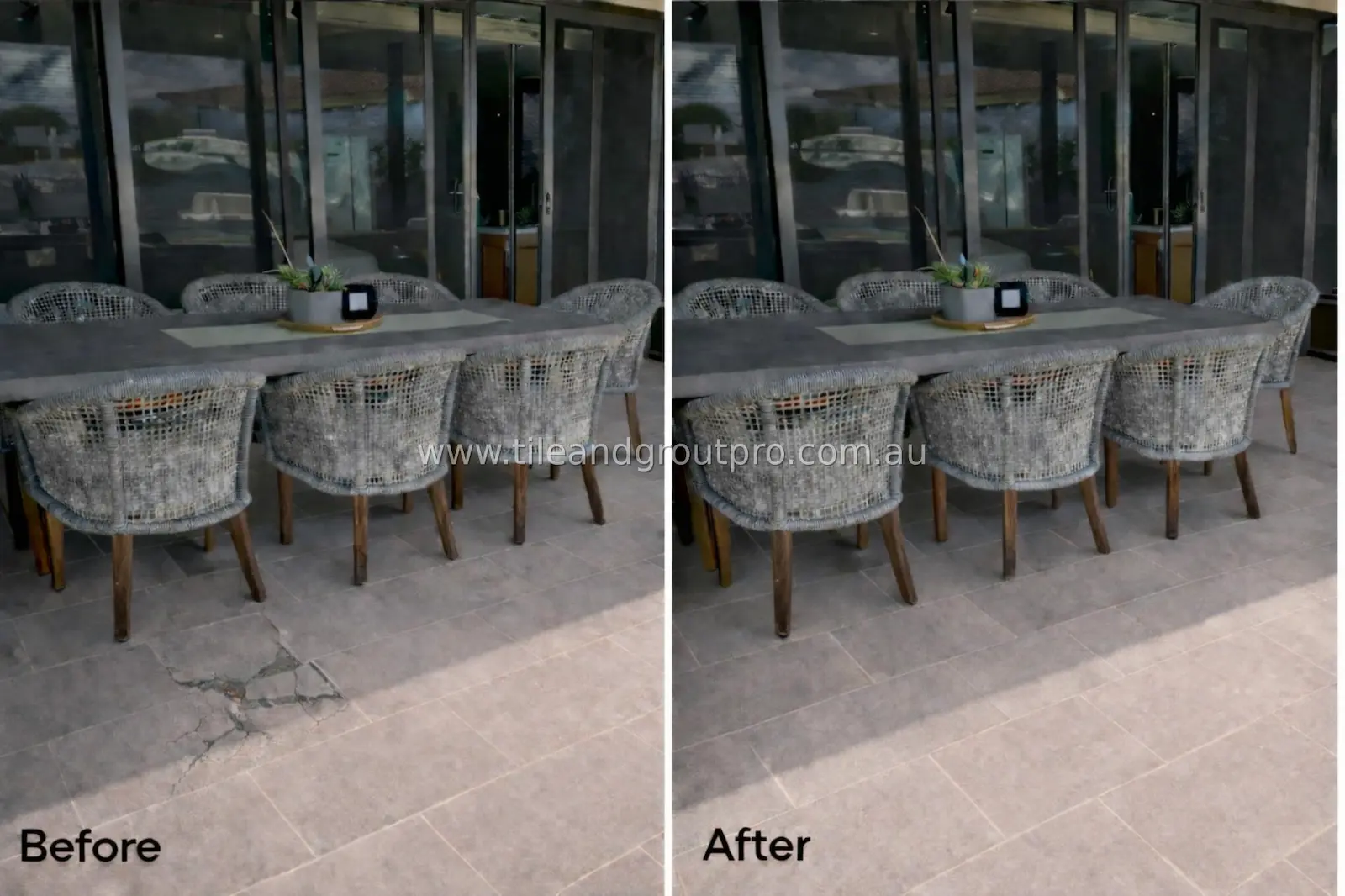 Outdoor tiled dining area floor before and after repair showing cracked tiles fixed and surface restored