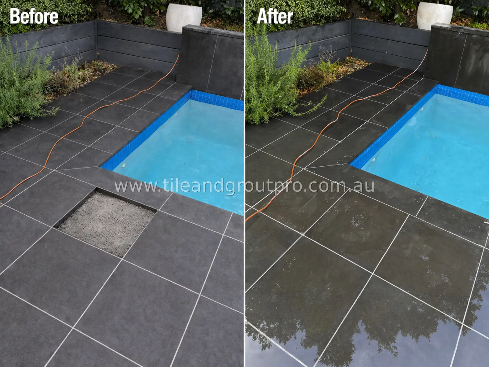 Poolside tiles before and after repair and cleaning showing restored surface and improved grout lines