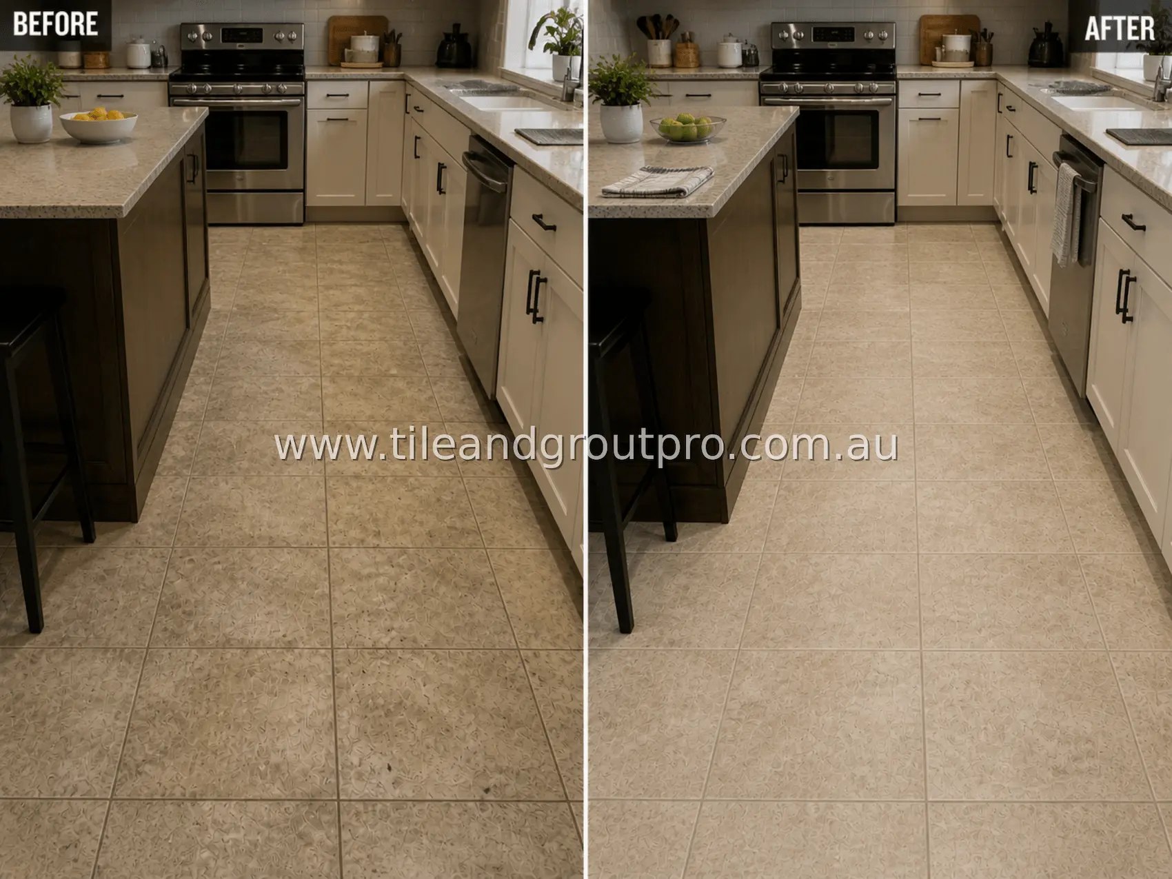 Porcelain tile kitchen floor with grease stains, embedded dirt, and dark grout lines before tile and grout cleaning service