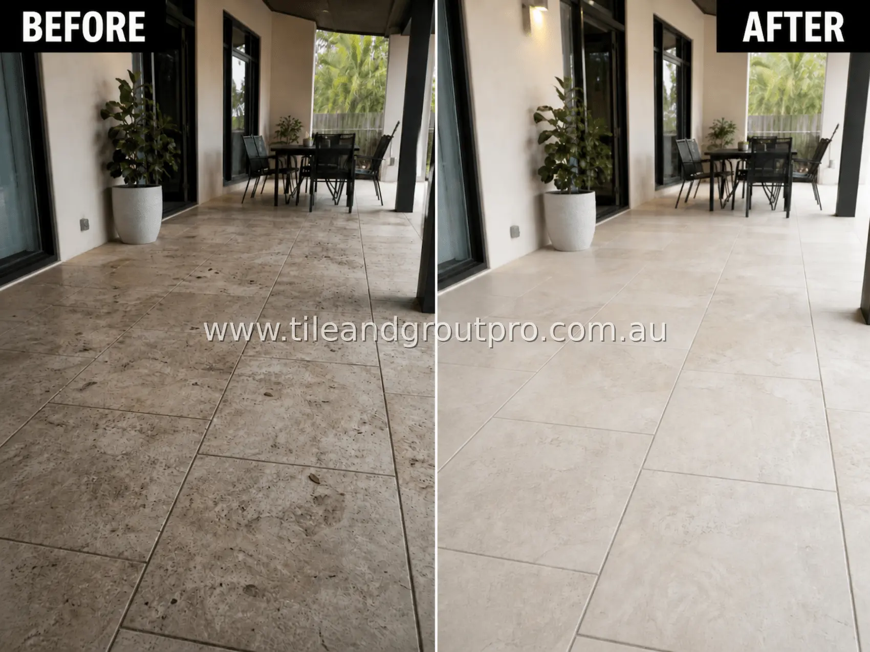 Porcelain tile outdoor walkway floor with heavy grime, staining, and discolored grout lines before professional tile and grout cleaning