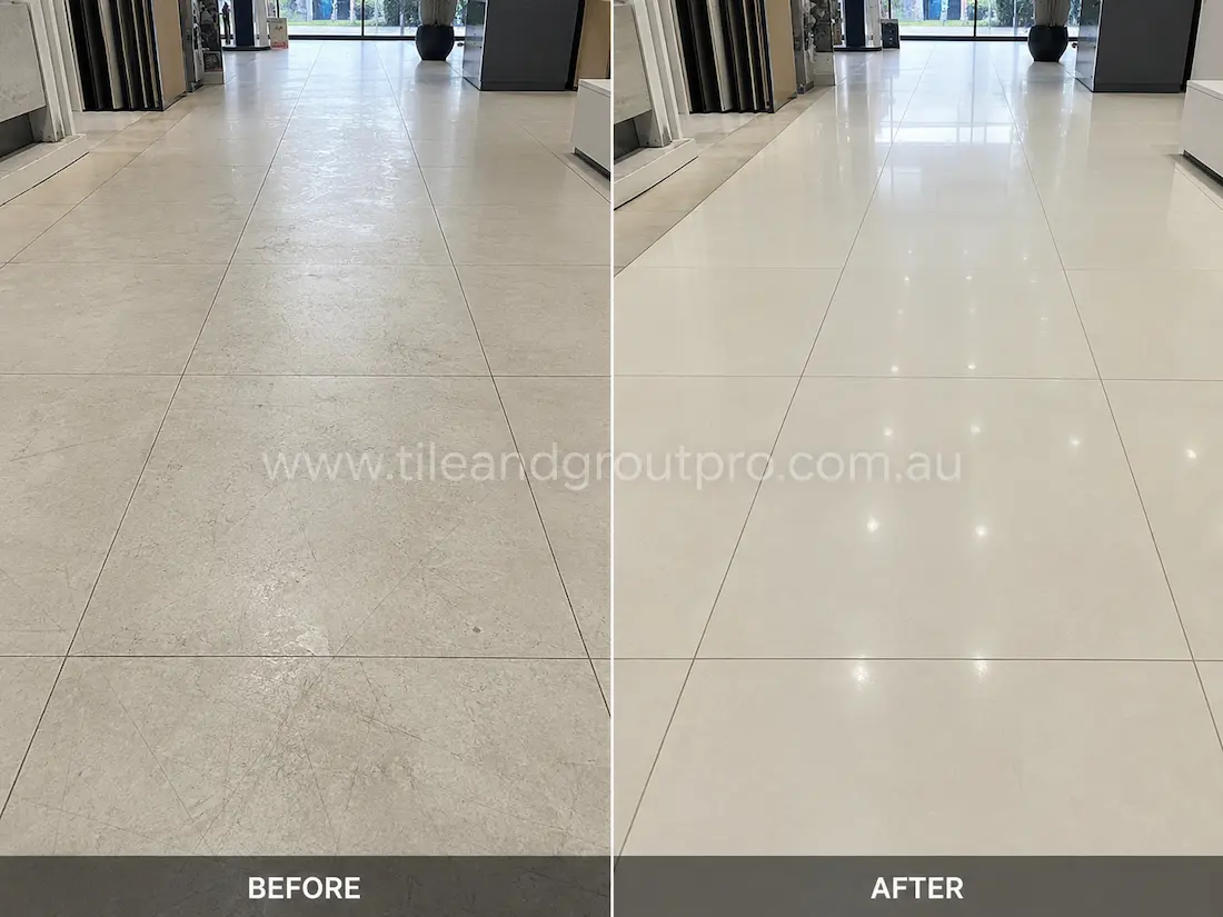 Modern showroom polished porcelain tile floor with fine scratches, surface scuffs, and dull areas before professional scratch removal and restoration.