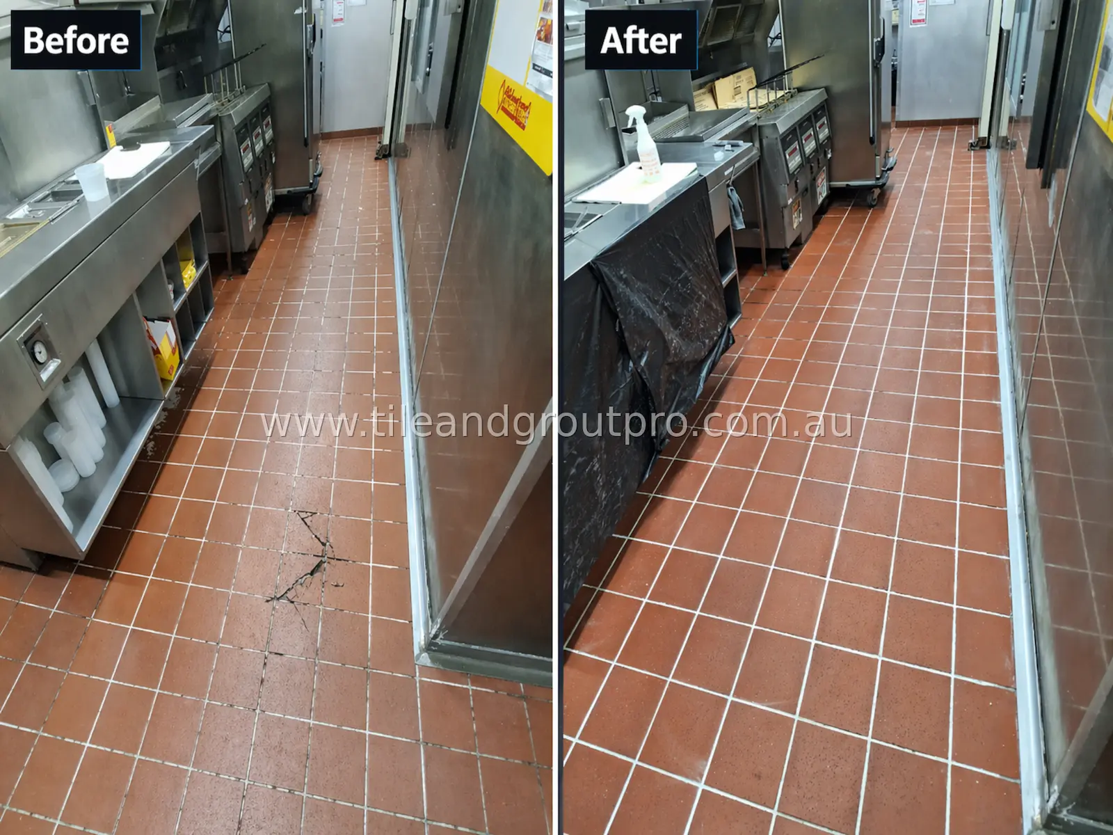 Commercial kitchen floor tiles before and after crack repair showing restored surface and clean grout lines