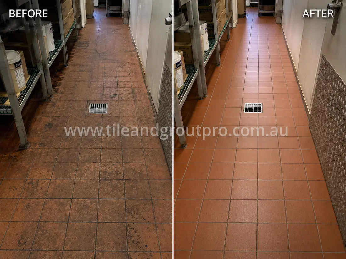Before tile renewal, quarry floor tiles in a commercial storage room displayed dark staining, embedded grime, traffic wear, and discoloured grout around shelving and floor drainage.