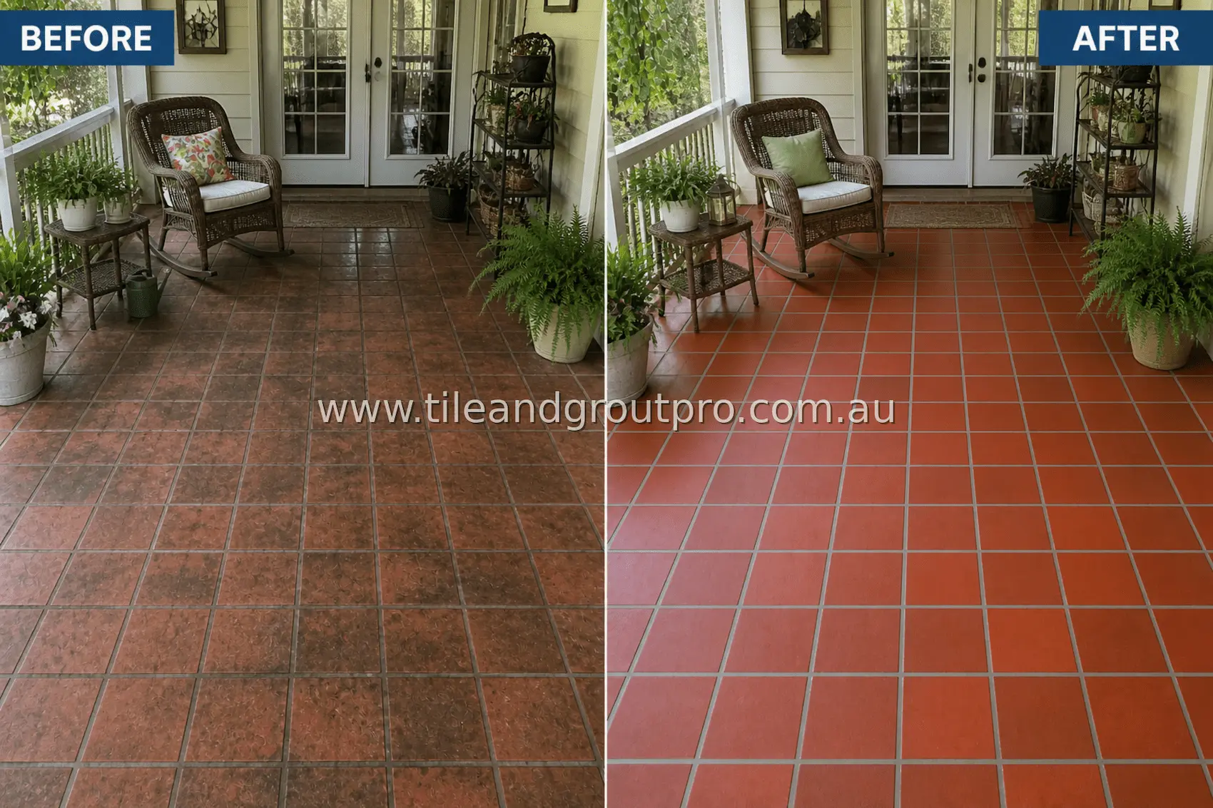 quarry tile front porch floor with embedded grime, uneven discoloration, and darkened grout lines around outdoor seating before cleaning