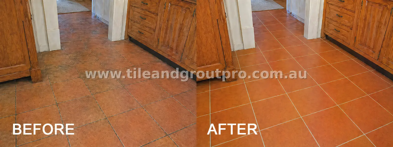 Quarry tile hallway floor restoration before and after removing stains and restoring original colour