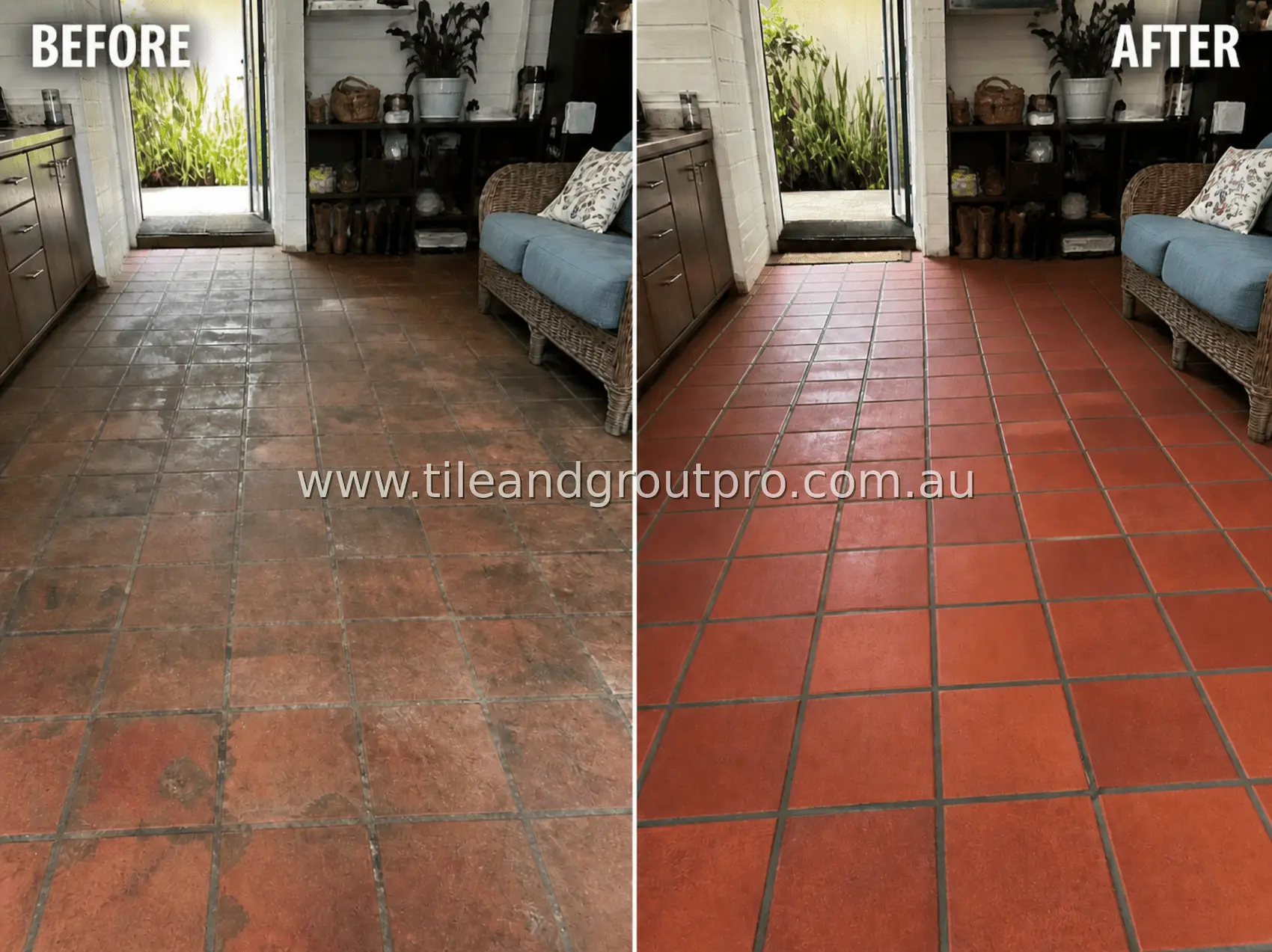quarry tile mudroom entryway floor with embedded dirt, dull surface, and dark grout lines from heavy foot traffic and outdoor debris before tile and grout cleaning