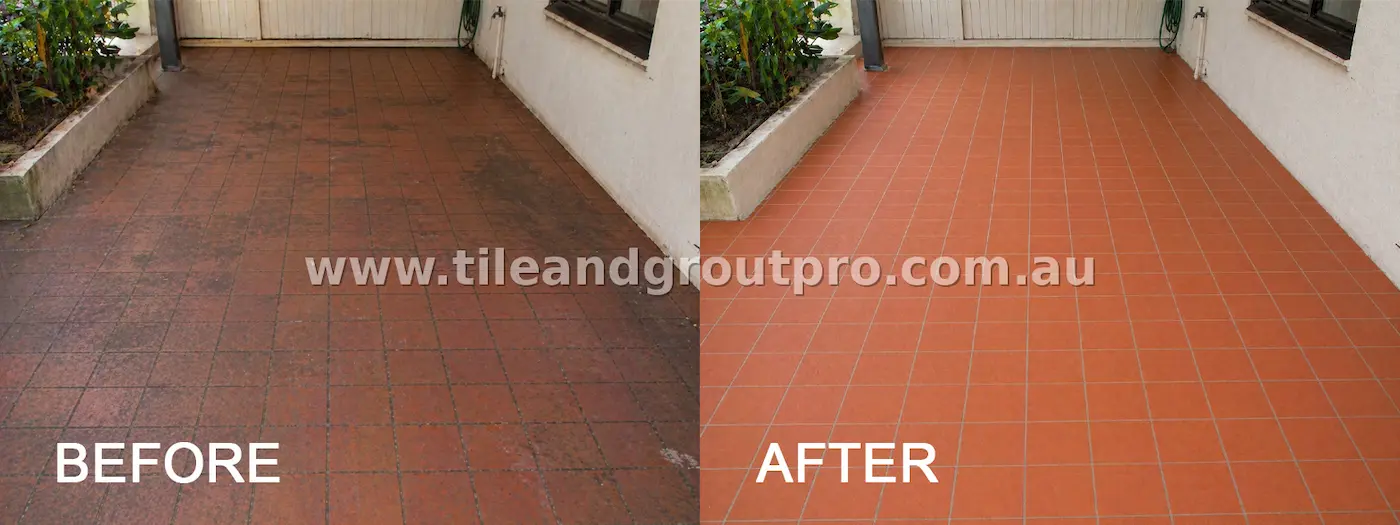 Outdoor quarry tile patio restoration before and after pressure cleaning and sealing removing dirt and stains