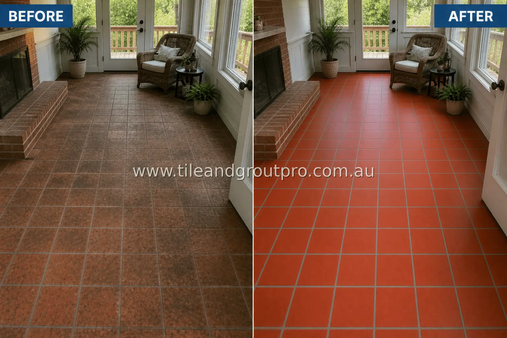 quarry tile sunroom floor with dark staining, grime buildup, and discolored grout lines from indoor-outdoor use before tile and grout cleaning