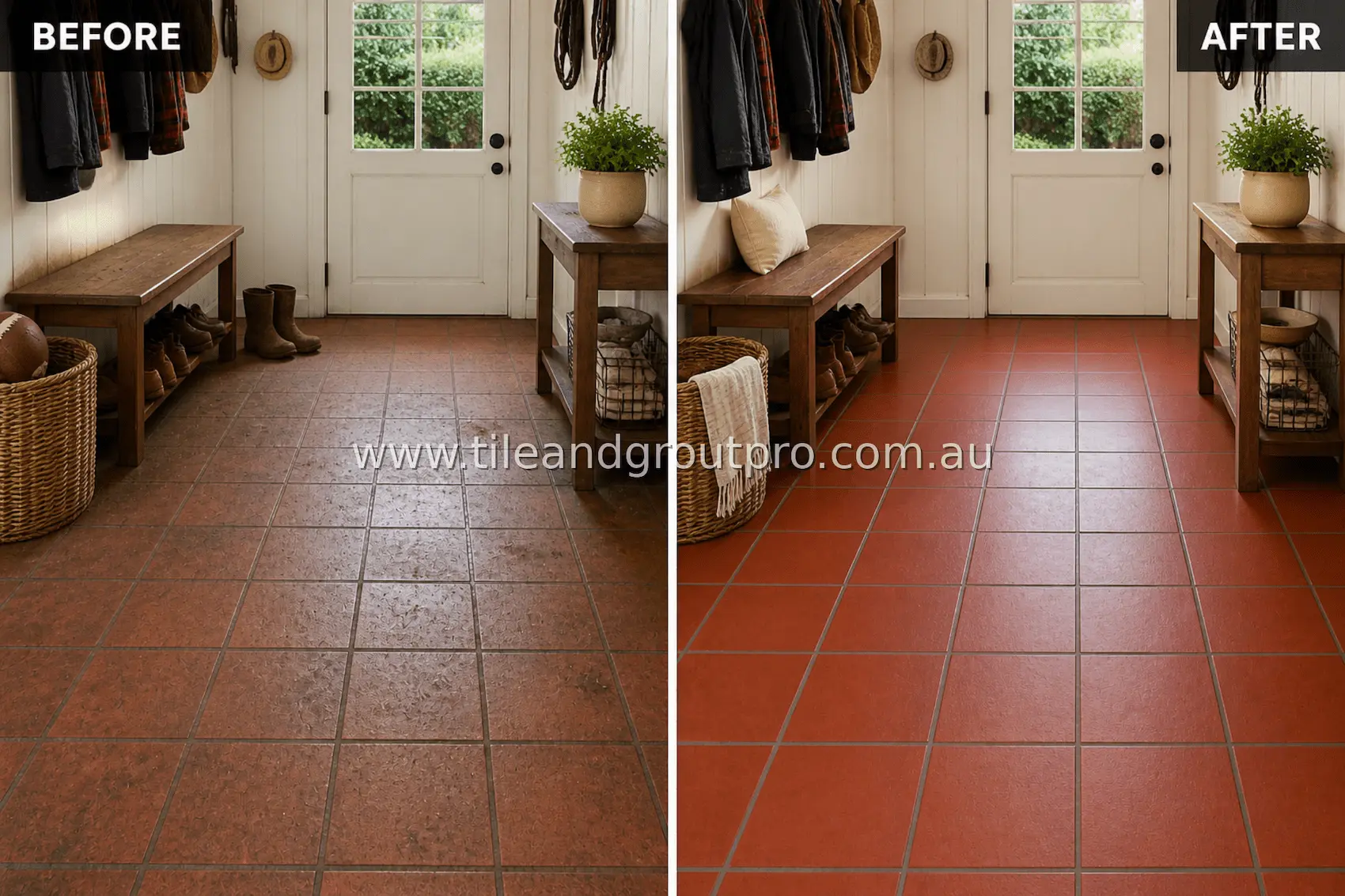 quarry tile sunroom entry floor with visible dirt buildup, dark stains, and discolored grout lines near doorway from frequent indoor-outdoor traffic before cleaning