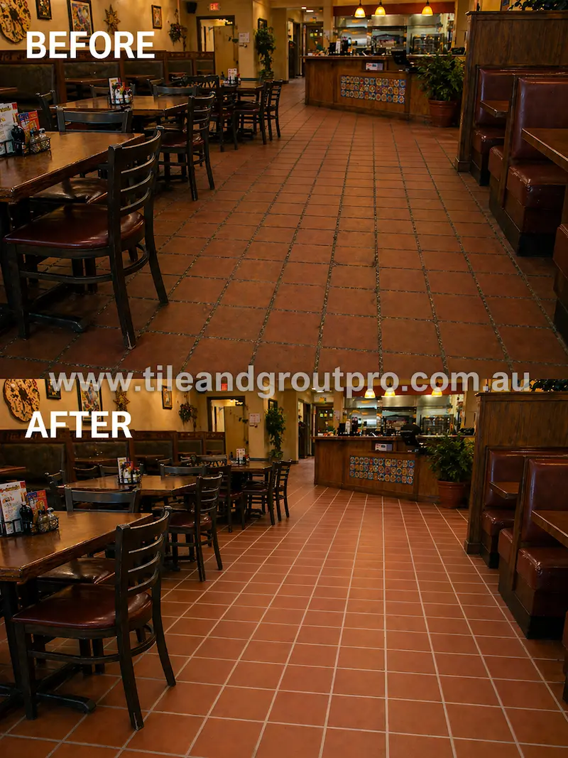 Restaurant dining area quarry tile floor before and after regrouting showing improved cleanliness and uniform grout lines