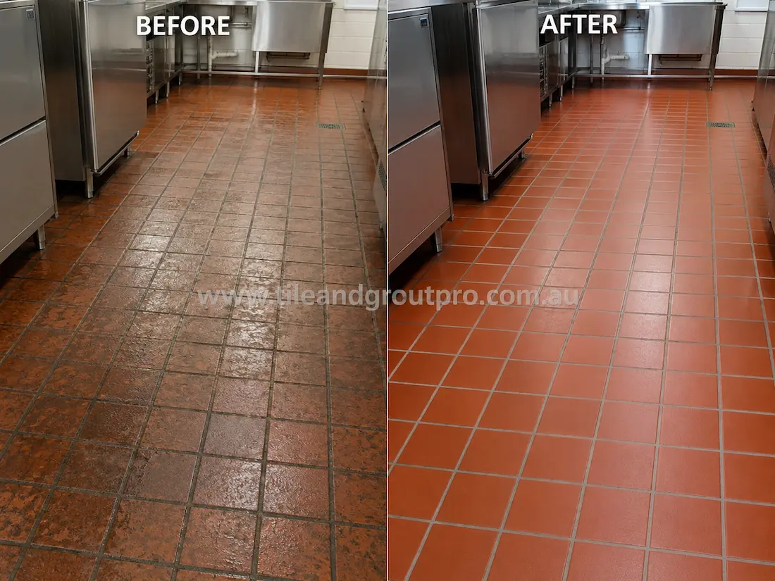 Before tile renewal, red quarry floor tiles in a restaurant kitchen exhibited grease residue, embedded dirt, worn sealant, and uneven colouring from continuous commercial kitchen use.