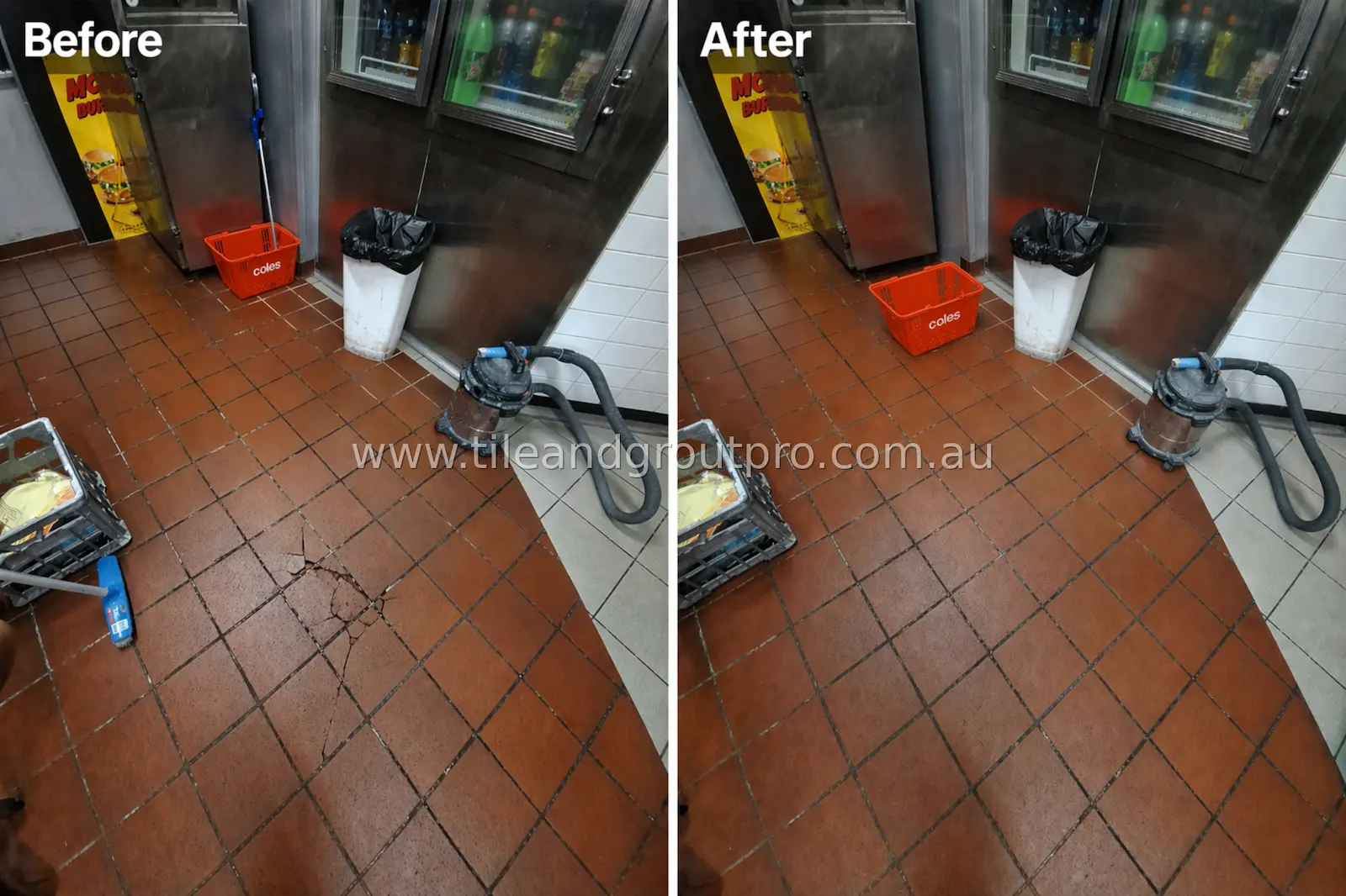 Restaurant kitchen floor tiles before and after repair and regrouting showing cracked tiles fixed and grout cleaned