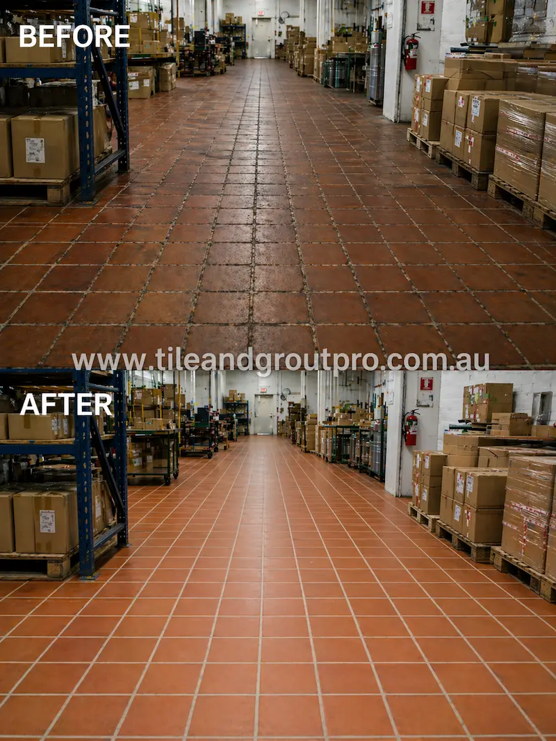Warehouse floor with quarry tiles before and after regrouting showing restored grout lines and cleaner surface