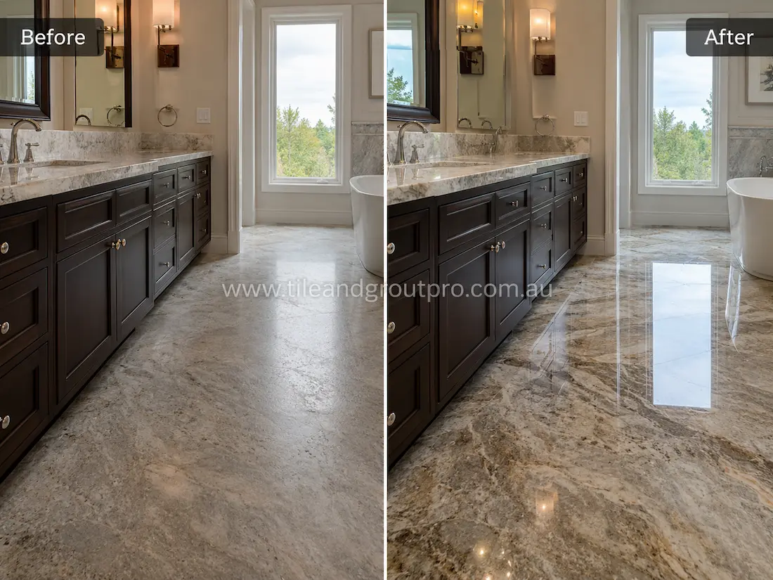 Polished grey and white quartzite bathroom floor and vanity with reflective finish after stone restoration