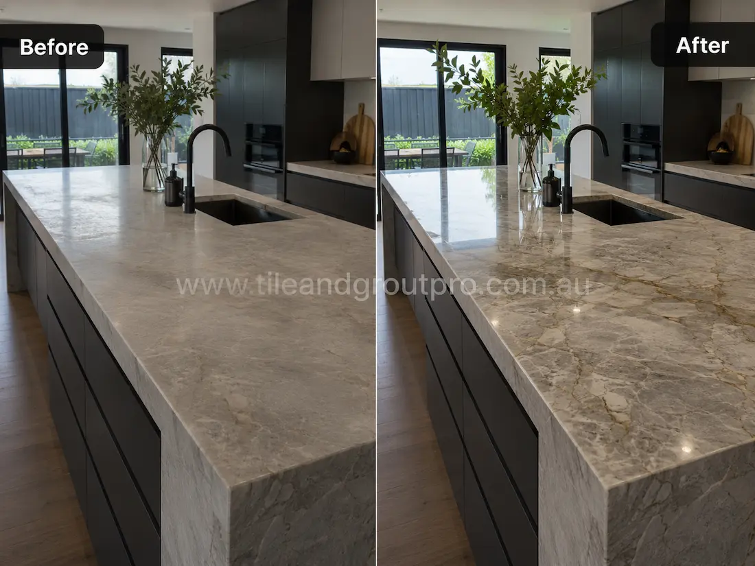 Polished grey quartzite kitchen island countertop with bold natural veining and high-gloss finish.