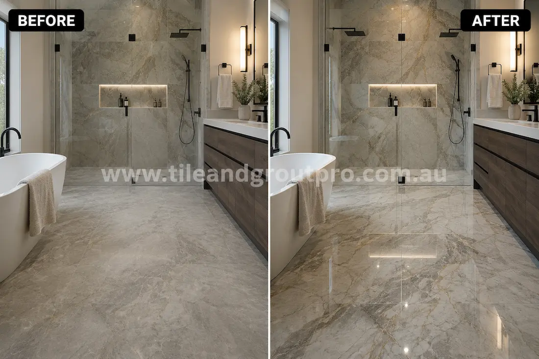 Luxury bathroom with grey quartzite-look floor and wall tiles showing dull etched surfaces and reduced shine before professional stone polishing.