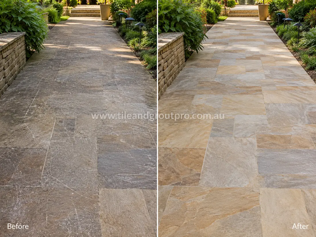 Before-and-after garden pathway featuring natural quartzite stone tiles with worn uneven surface professionally ground and cleaned for a refreshed appearance.