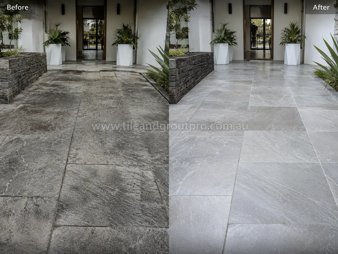 Before-and-after outdoor entry patio with grey quartzite tiles showing weathered dull stone surface restored through professional tile grinding and cleaning.