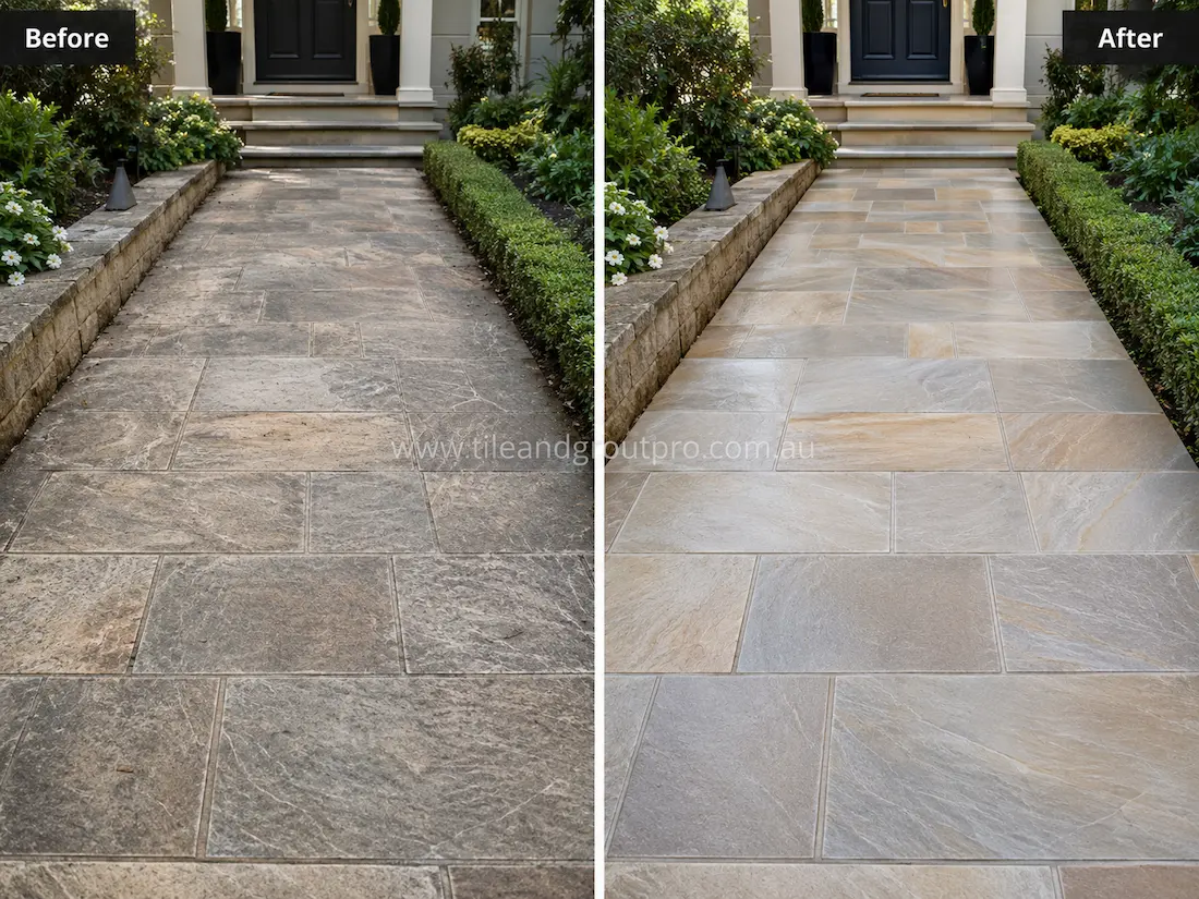 Outdoor quartzite pathway tiles with weathered finish and darkened surface before professional stone grinding and restoration.