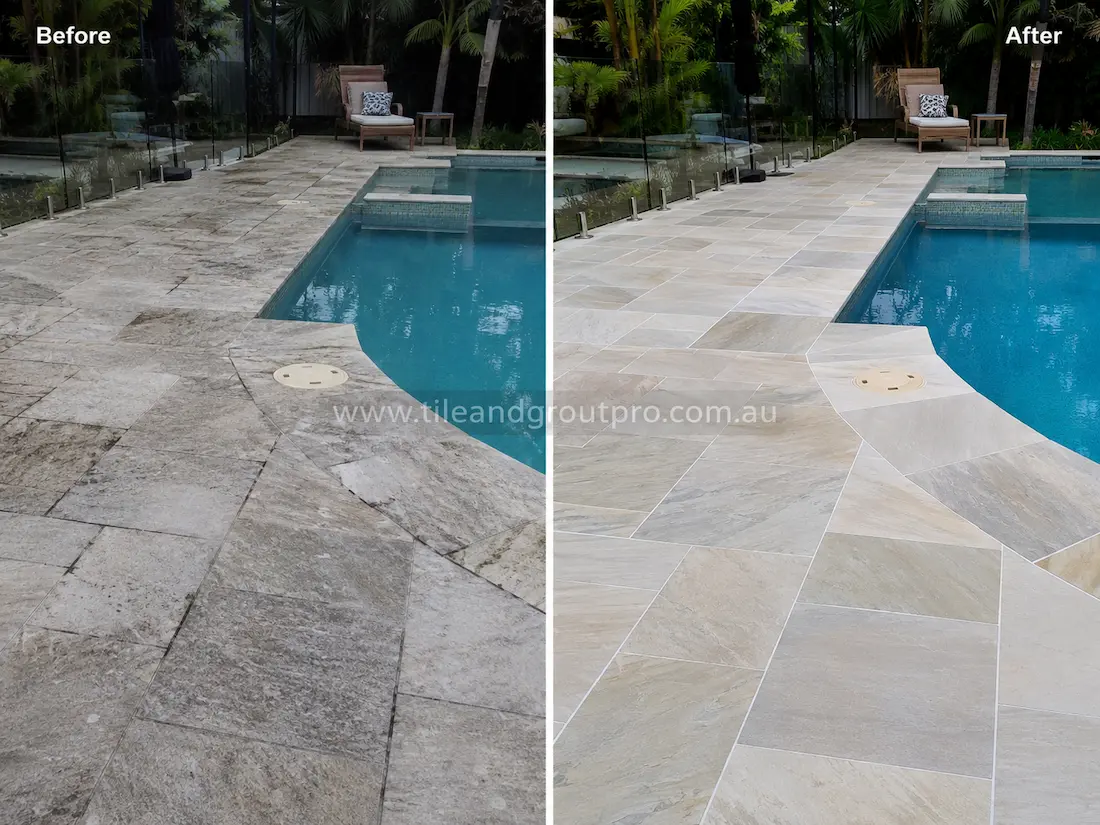 Weathered outdoor quartzite poolside paver tiles with dirt buildup, discoloration, and dull worn finish before professional stone grinding and restoration service.