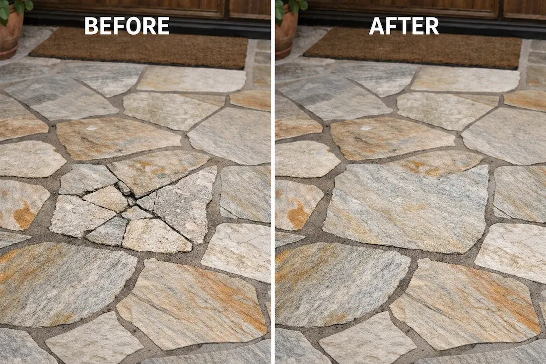 Quartzite doorstep before and after repair showing fixed cracked stone tiles