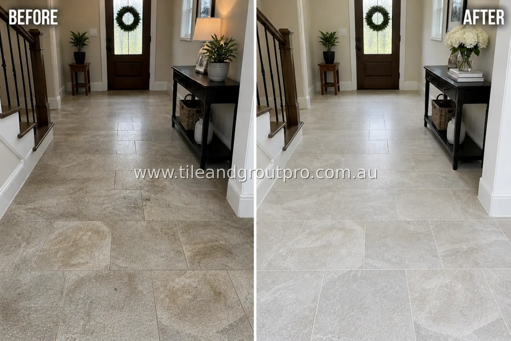 Quartzite tile floor in a home entryway with visible dirt buildup, dull surface, and stained grout lines before professional tile and grout cleaning