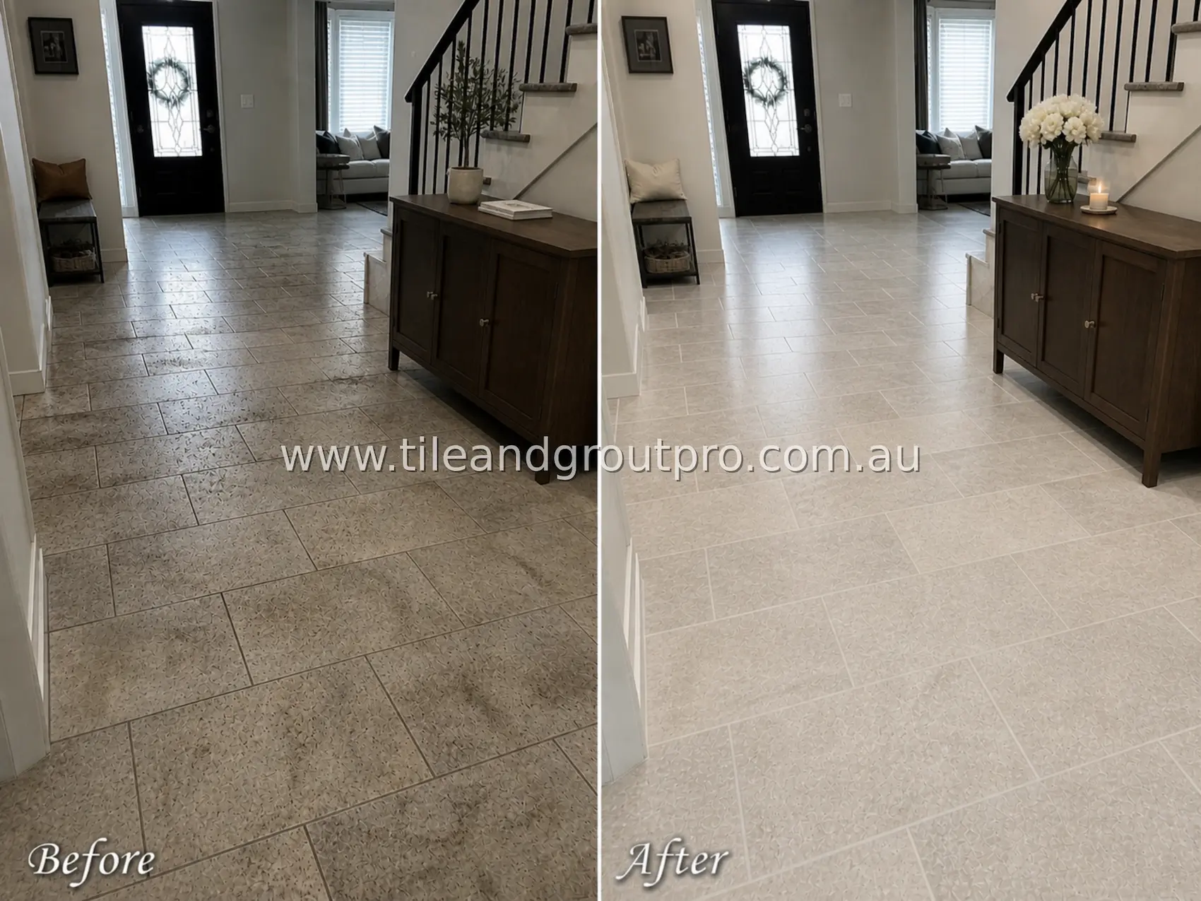 Quartzite tile floor in a home entryway hallway with visible foot traffic stains, grime buildup, and dull grout lines before tile and grout cleaning
