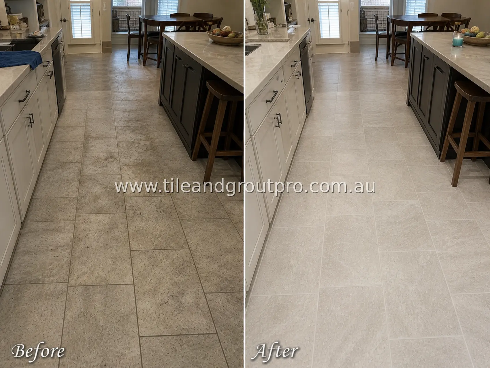 Quartzite kitchen floor tiles with grease residue, embedded grime, and darkened grout lines before tile and grout cleaning service