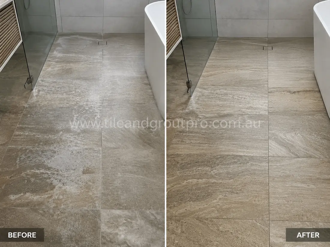 Before and after tile resurfacing of quartzite-look floor tiles in a modern bathroom, showing faded and cloudy stone-look tile surfaces renewed to reveal clearer texture, natural stone movement, and a refreshed appearance around the shower and bathtub.
