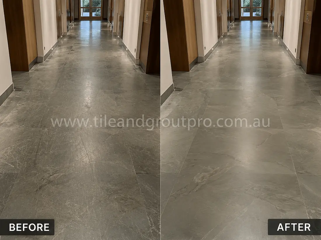 Before and after tile resurfacing of quartzite-look porcelain floor tiles in a commercial hallway, showing dull and worn stone-look tiles renewed with improved clarity, colour depth and natural stone detail.