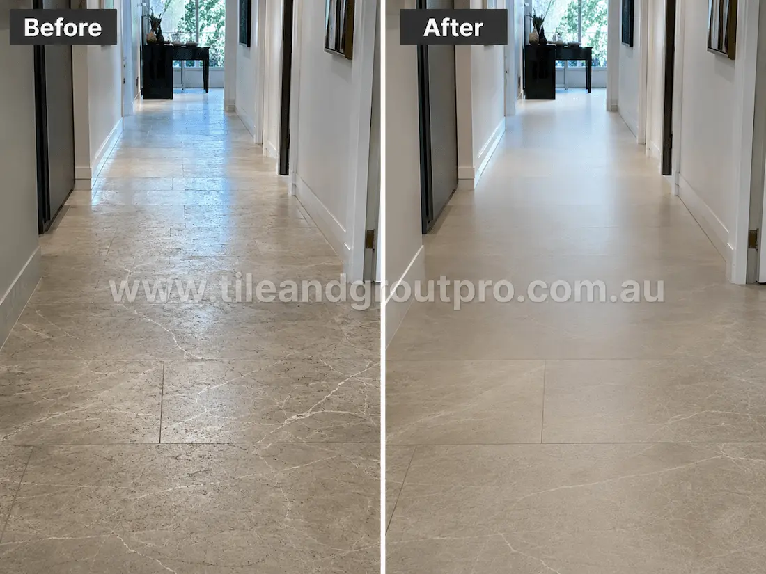 Before and after tile resurfacing of quartzite-look porcelain floor tiles in a residential hallway, showing worn stone-look surfaces restored with a cleaner finish, subtle mineral veining and improved colour consistency.