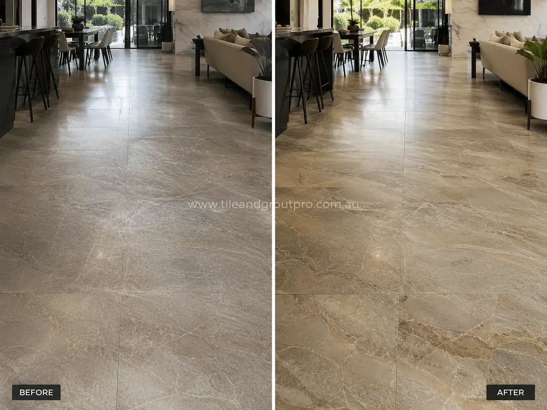 Before and after tile resurfacing of large-format quartzite-look porcelain floor tiles in an open-plan living and dining area, showing worn, dull tile surfaces restored to a clean finish with improved stone detail and natural veining.