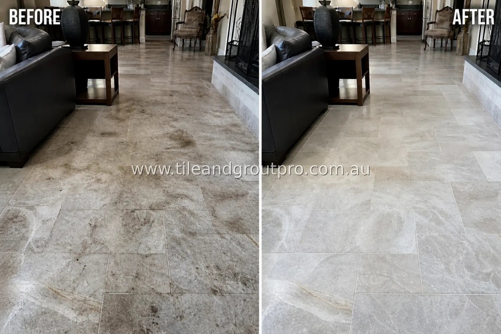 Quartzite tile flooring in an open-plan living and dining area showing embedded grime, uneven discoloration, and dirty grout lines before cleaning