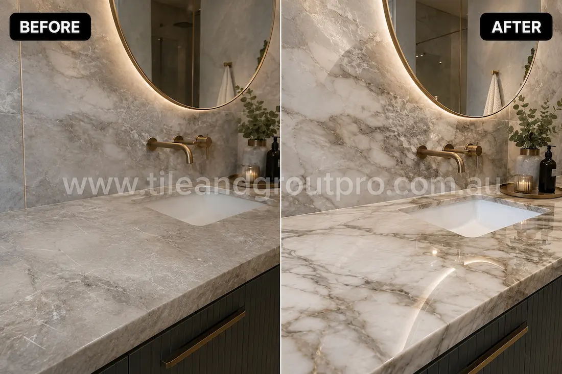 Luxury bathroom vanity with white quartzite wall and countertop surfaces appearing slightly hazy and lacking gloss before stone polishing treatment.