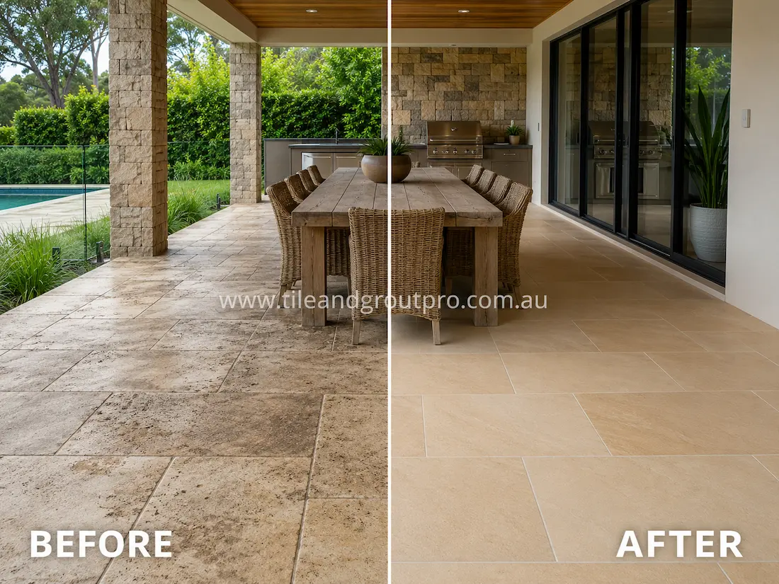 Before and after sandstone grinding on an outdoor alfresco patio with stained and weathered natural stone tiles restored to a clean refined finish beside a dining area.