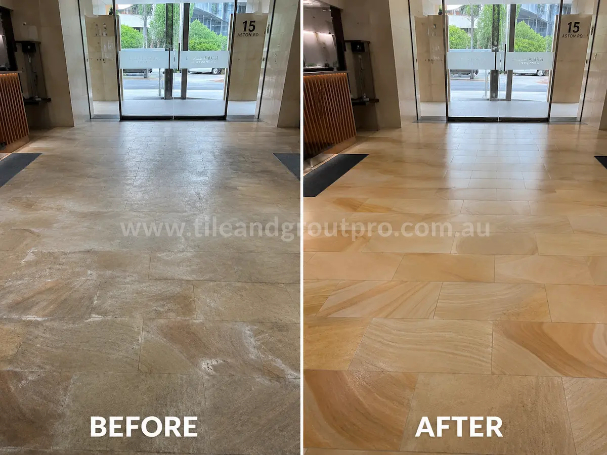 Before-and-after comparison of commercial sandstone lobby floor tiles with worn sealer coating, cloudy patches, and dull stone finish before Sealer Stripping.
