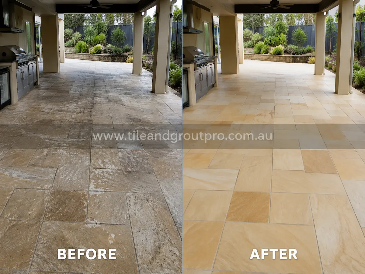 Before-and-after comparison of covered outdoor sandstone floor tiles with whitening, patchy sealer residue, and weathered surface before Sealer Stripping.