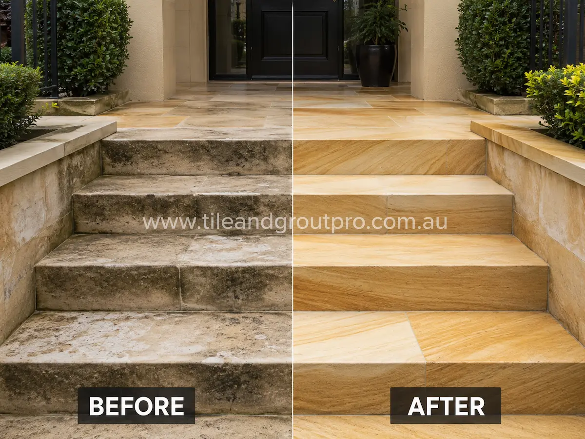 Before-and-after comparison of front entry sandstone steps with dark sealer staining, mould marks, and uneven surface appearance before Sealer Stripping.