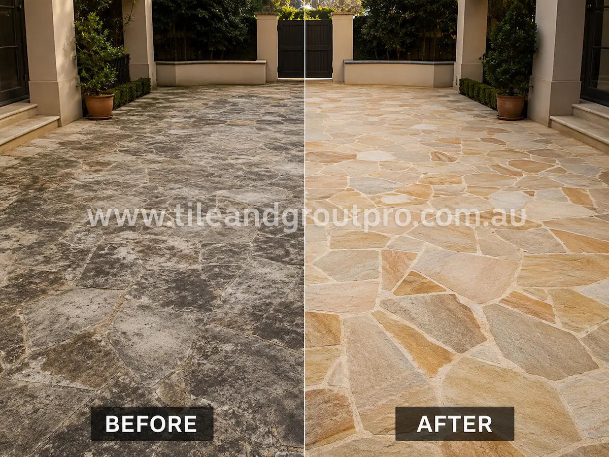 Before-and-after comparison of outdoor crazy paving sandstone with heavy sealer haze, discoloration, and weathered stone surface before Sealer Stripping.