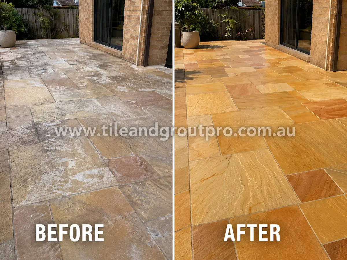 Before-and-after comparison of residential sandstone patio tiles with patchy sealer buildup, dull finish, and surface discoloration before Sealer Stripping.