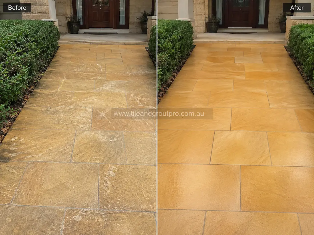 Residential front entrance pathway with golden sandstone tiles before and after scratch removal, showing scratched and stained stone paving restored to a richer more uniform natural finish leading to the doorway.