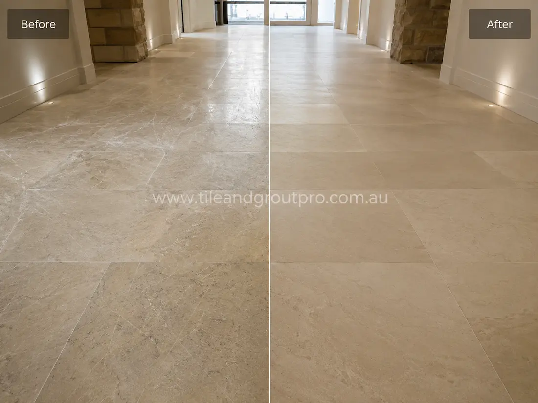 Large indoor hallway with beige sandstone floor tiles before and after scratch removal, showing heavy surface scratching and dull worn areas restored to a smooth natural stone finish.