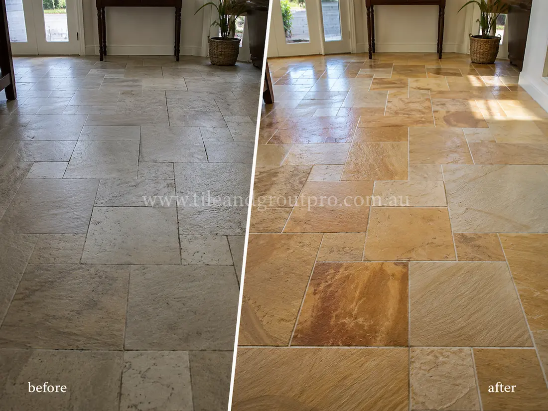 Before tile renewal, indoor sandstone floor tiles in a residential entryway appeared dull and worn with uneven colouring, surface haze, and embedded dirt across the natural stone flooring.